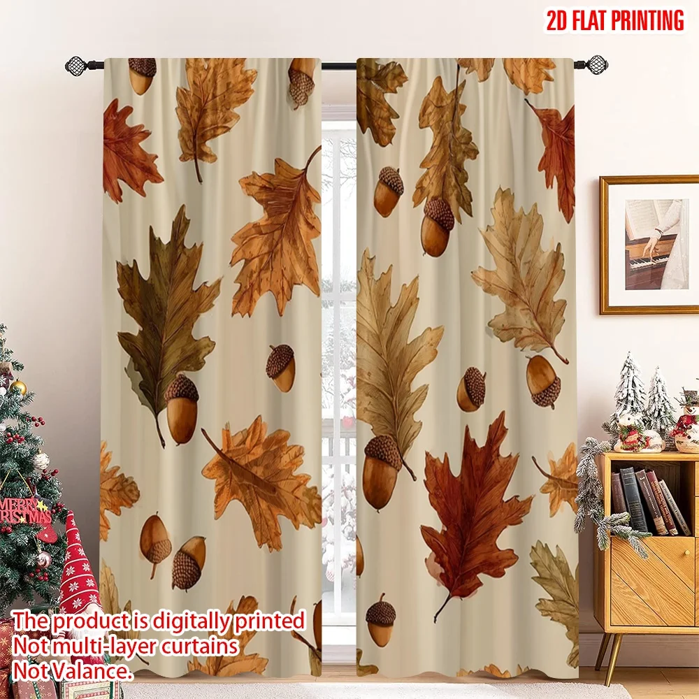 

2pcs 2D flat printing Merry Christmas Trendy Curtains Autumn Leaf Pine Seed scopic and stylish 100% polyester fiber Festive