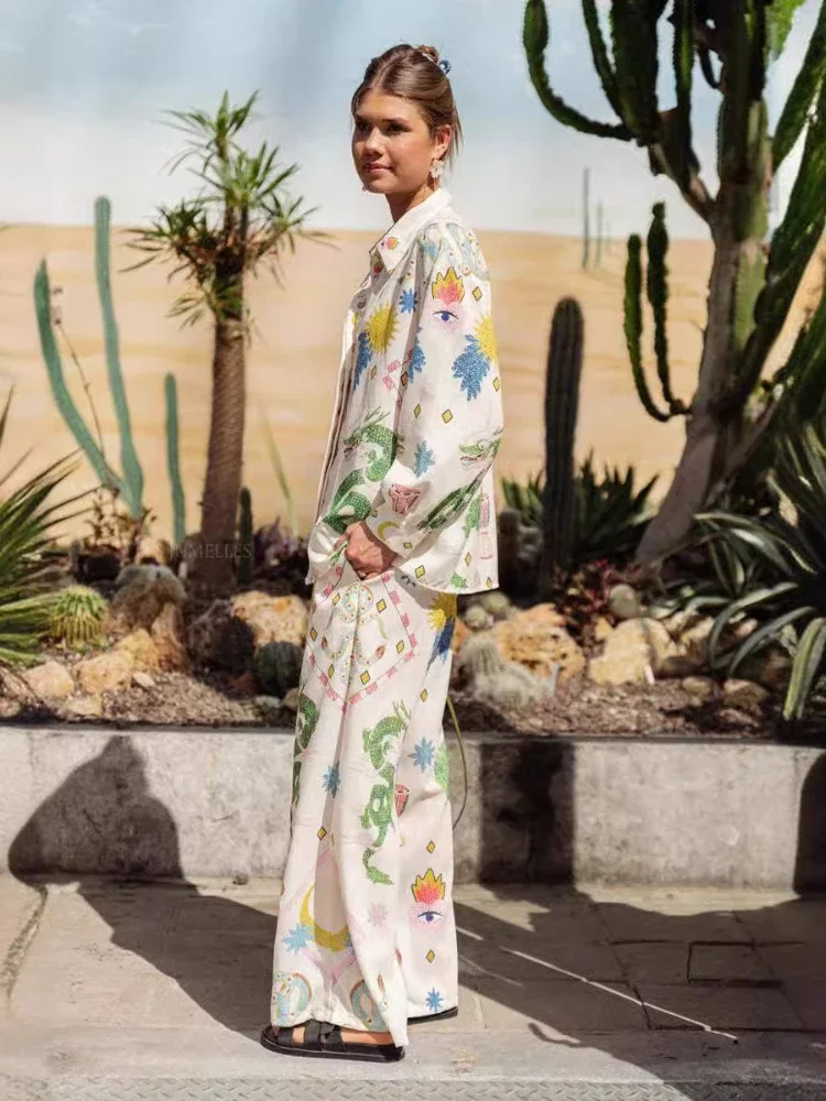 Damen Sommer 2-Teiliges Set Elegantes Bedrucktes Langarm-Hemd mit Revers und Lässige Weite Leinenhose Modisches Anzug-Ensemble