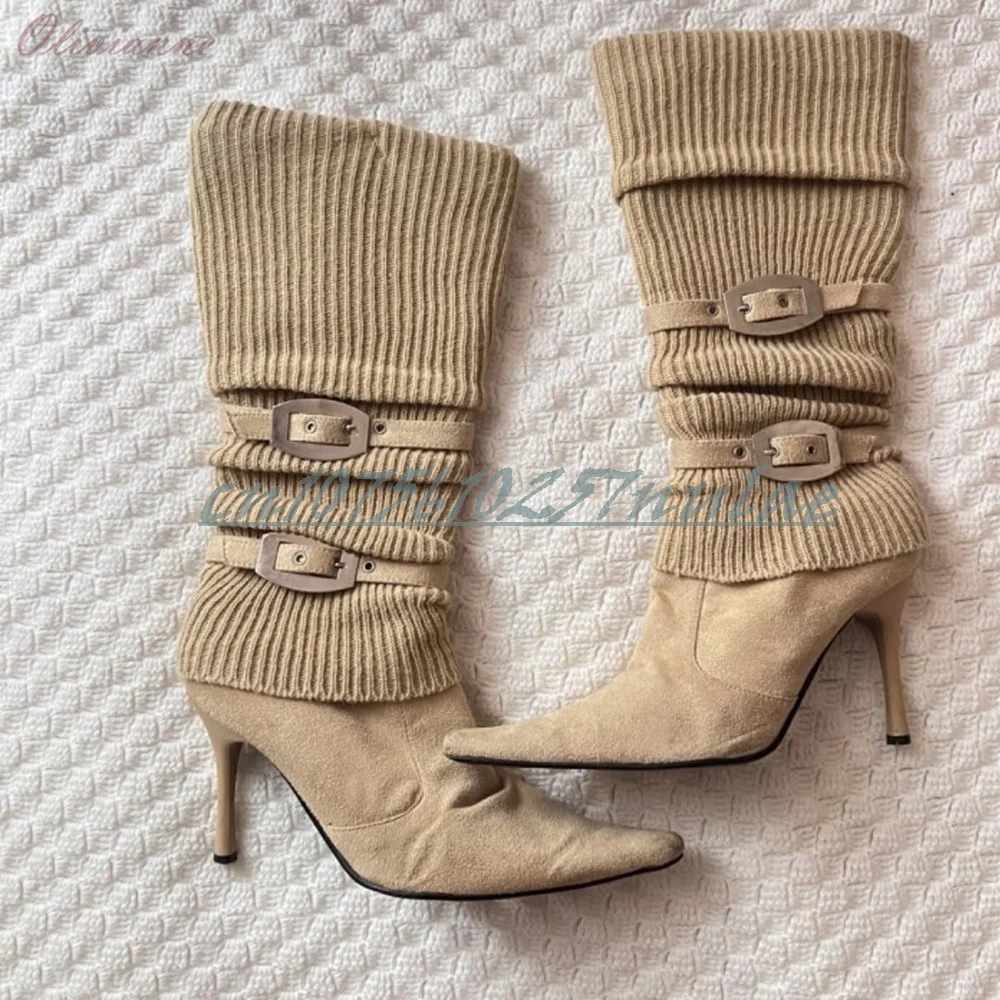 أحذية كاكي للسيدات على الموضة أحذية منتصف العجل بمقدمة مدببة وأحزمة بإبزيم بكعب عالٍ أحذية نسائية مثيرة 2025 جديد Zapatos Para Mujere