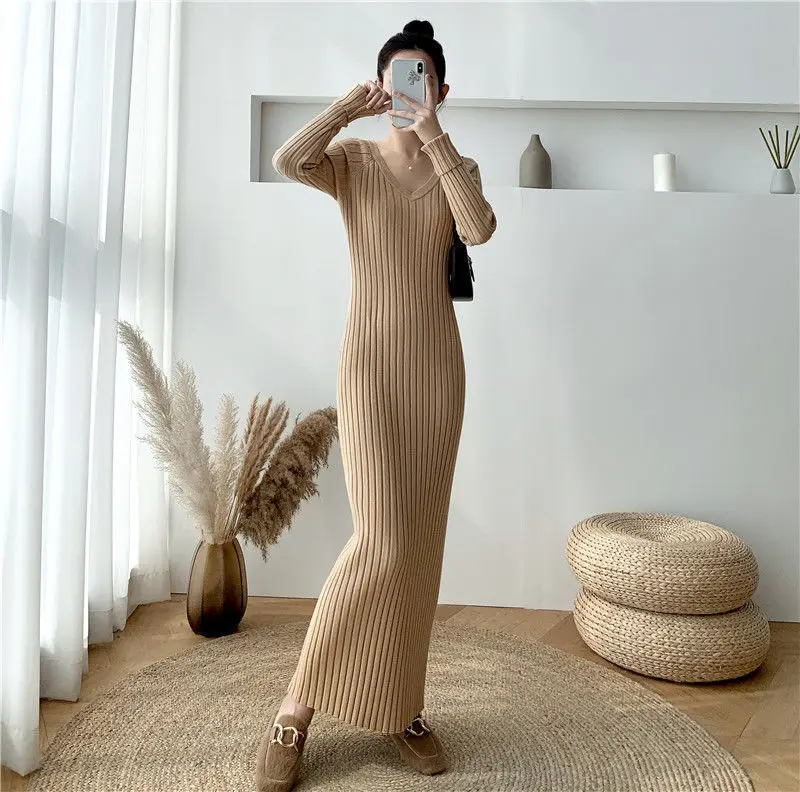 Black New Autumn  V-neck Knitted Dress Women New Slim Fit Hip Hugging Bottom Shirt Over the Knee Sweater Long Skirt Trendy