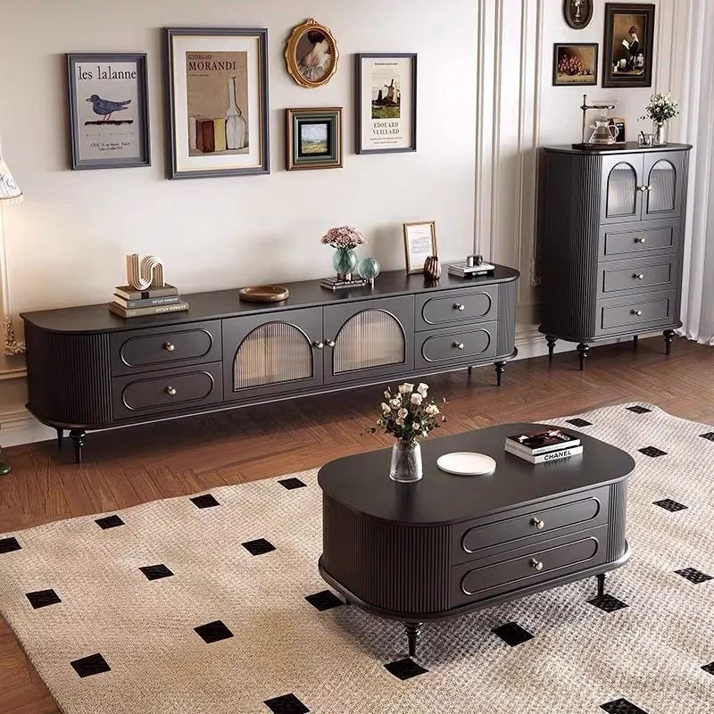 [High capacity wire slot] Solid wood French retro TV cabinet black new light luxury high-end living room high and small apartmen
