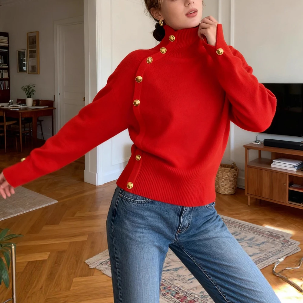 

New Women Turtleneck Sweater Solid Casual Knitted Jumpers Autumn Winter Button Long Sleeve Sweater Basic Warm Thick Pullover Top