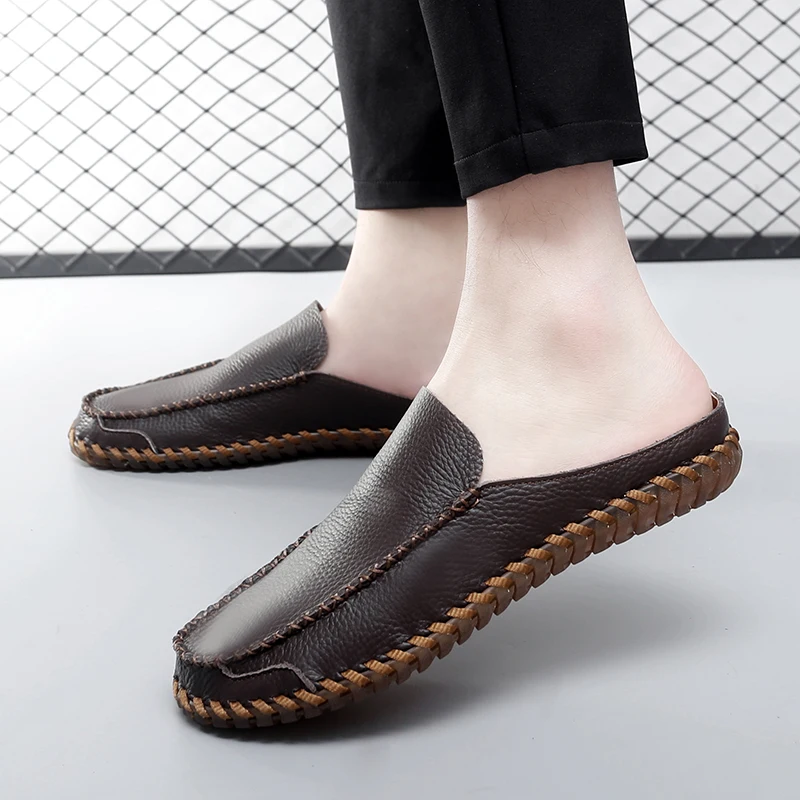 Large Size 48 Mules Men Backless Casual Shoes Loafers Slippers Slip On Flat Sneaker Leather Outdoor Half Shoes Man Slides Sandal