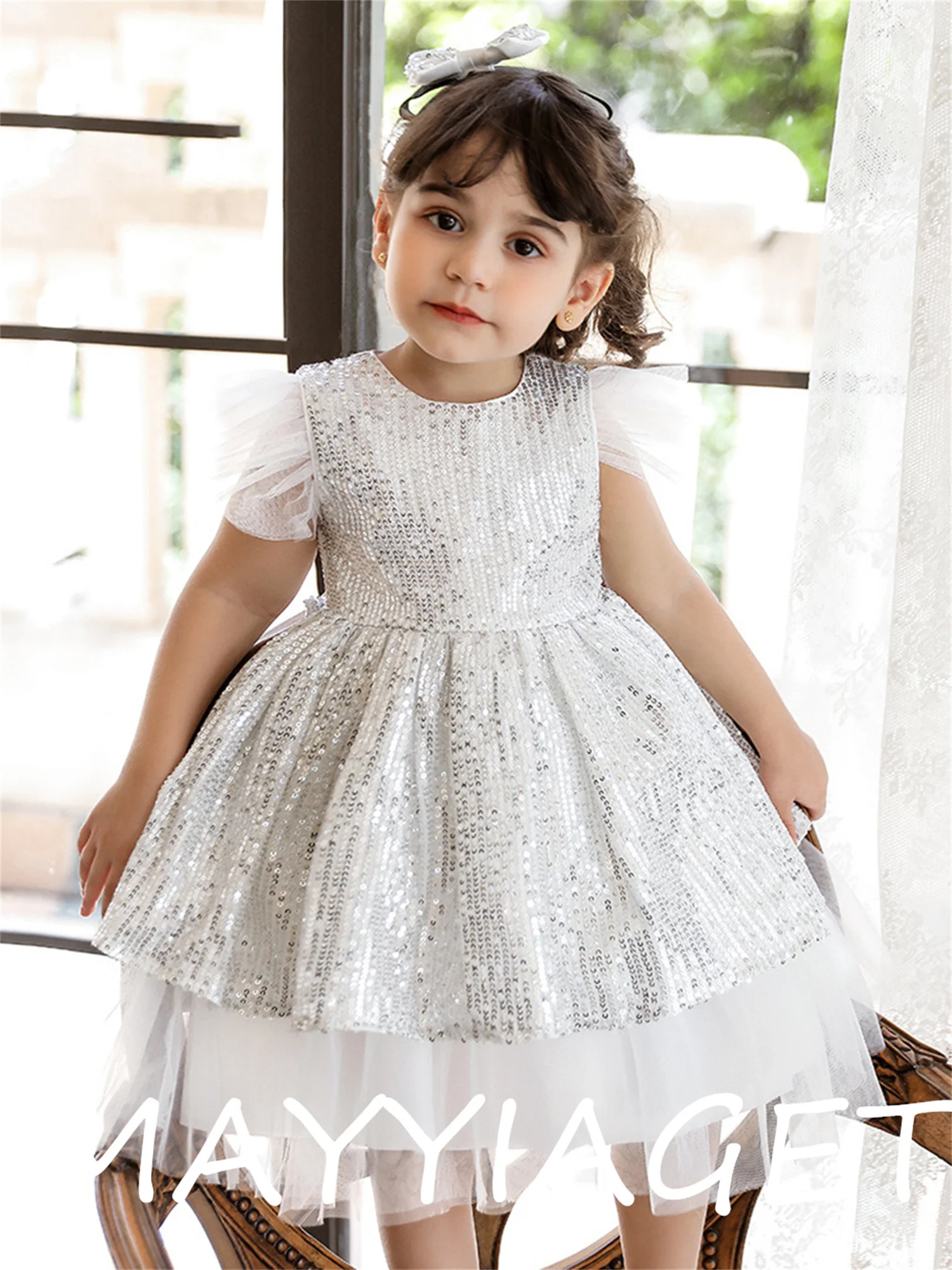 Dreamgirl Ivory Sliver Glitter Girls Evening Party Dresses with Sequin Headband for Kids