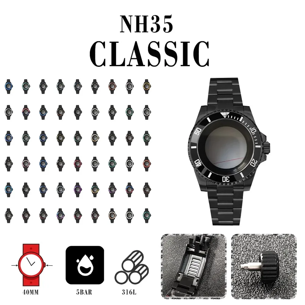 PVD galvanized black SUB stainless steel 40mm sheer case + flat blue stone glass Compatible with NH35/NH36 calibres