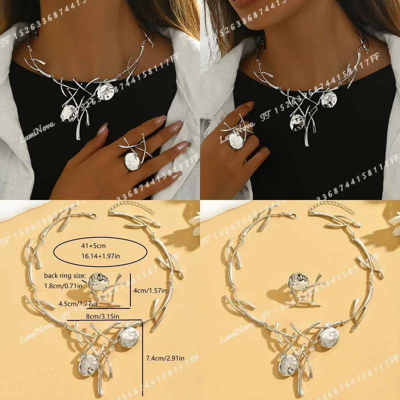 1 Set Fashion Irregular Split Branch Patchwork Oval Necklace and Ring Cold Style Women Daily Jewelry Holiday Wear Easy
