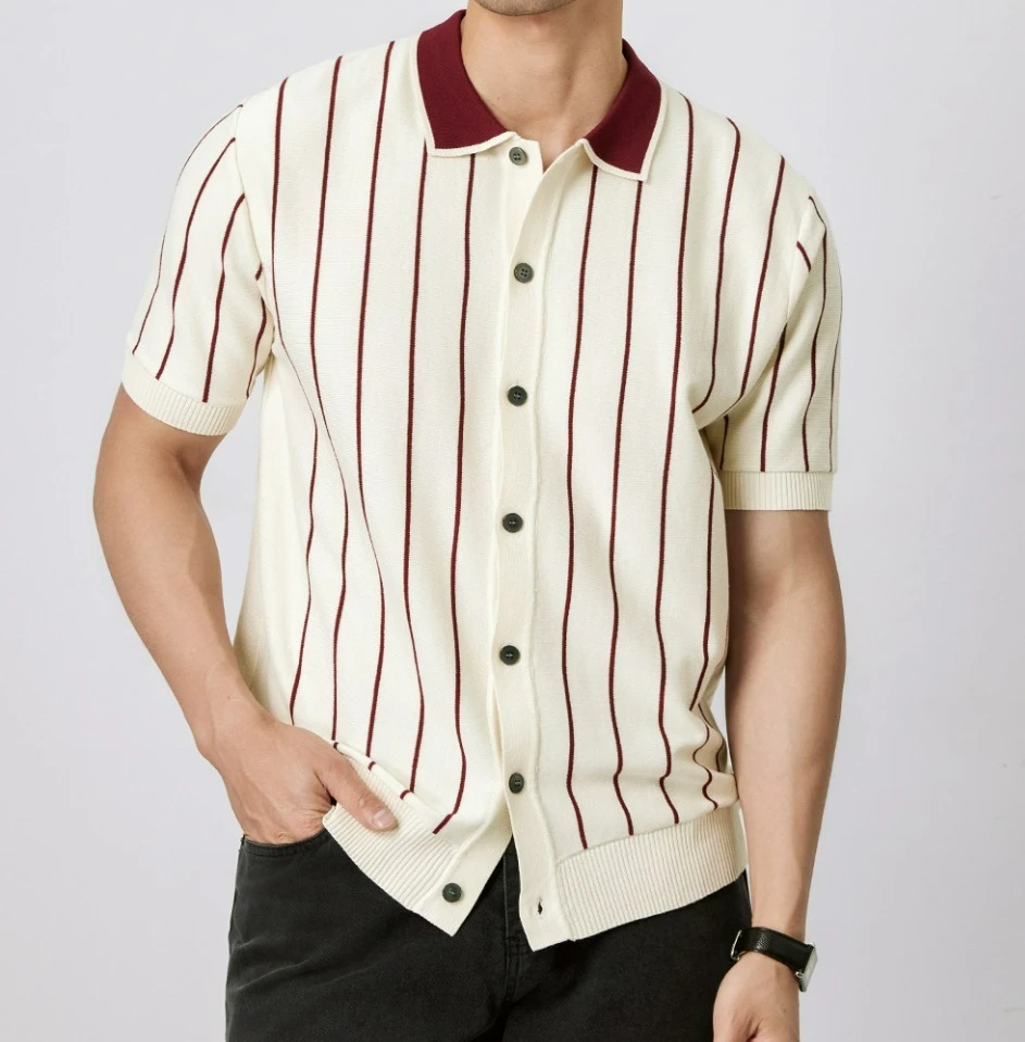Casual Striped Polo Shirt Men's Summer Lapel Slim Top Thin Knitted Striped Short-sleeved T-shirt