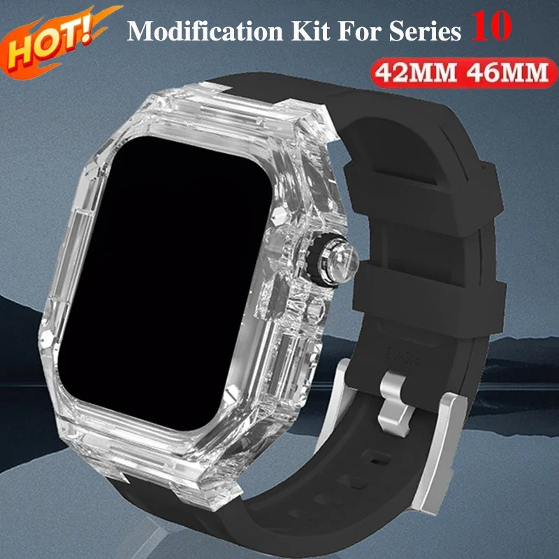 Transparent Modification Kit for Apple Watch S10 42mm 46mm Strap+Case For iWatch series 10 Silicone Band Refit Mod Bracelet