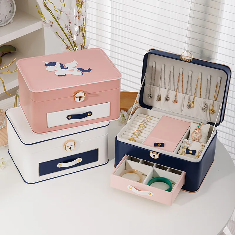New Advanced2-Layer PU Leather Large Display Jewelry Box Organizer for Rings and Earrings Gift Box for Jewelry Storage with Lock