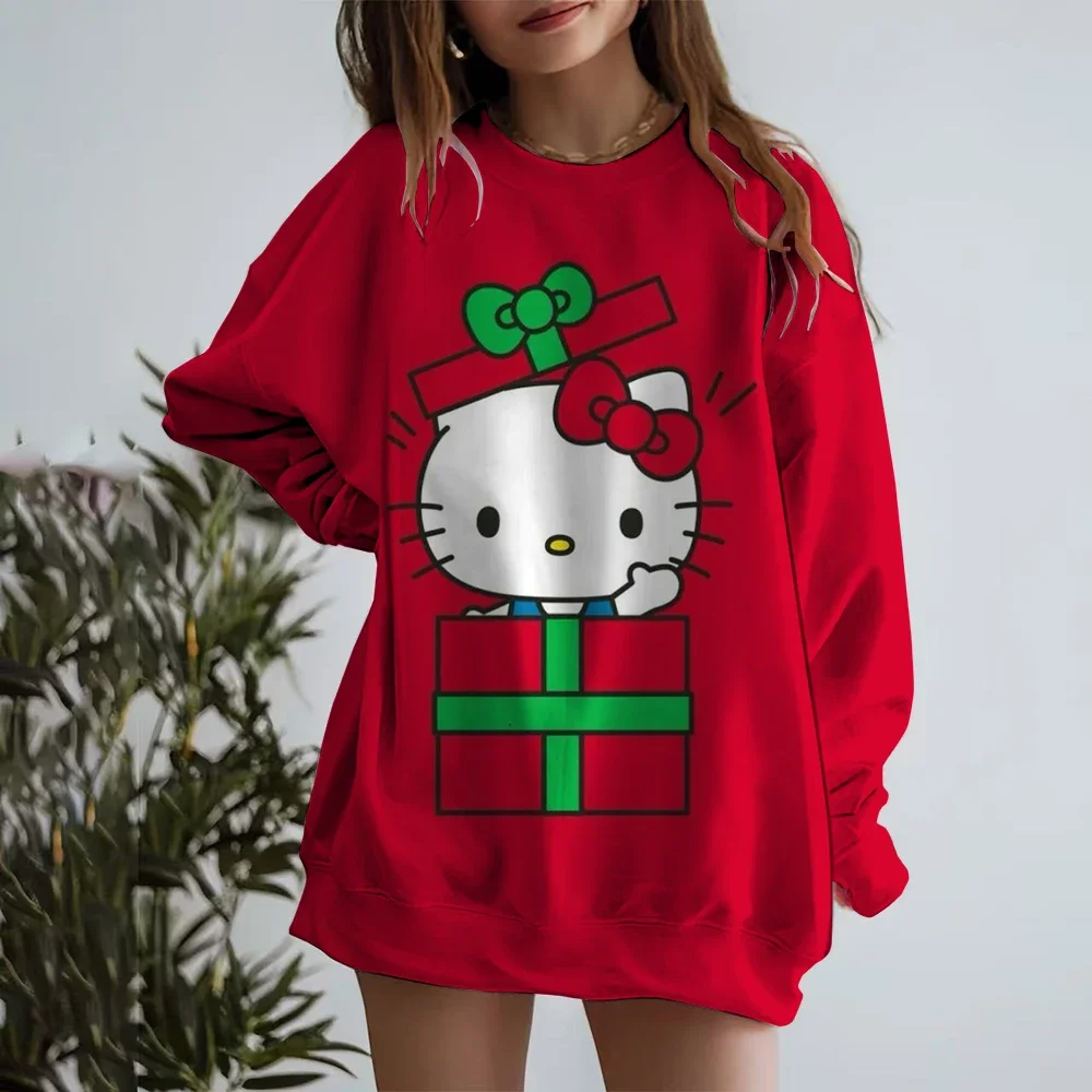 Sudadera con estampado bonito de Hello Kitty para mujer, moda de otoño, sudadera informal holgada con cuello redondo para mujer