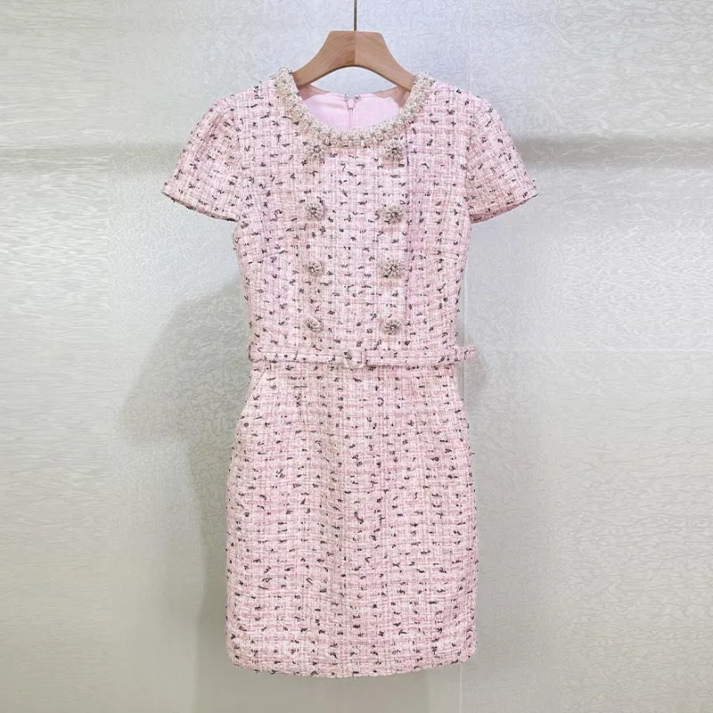 

Red and Pink Mixed Color Waist-climbing Dress Sweet Tweed Handmade Beaded Round Neck Short Sleeve Spring and Summer New Style