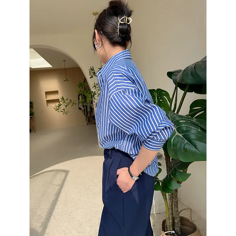 Blue Striped Loose Button Blouse Spring New Polo Neck Long Sleeve Youth Temperament Shirt Tops Fashion Casual Women Clothing