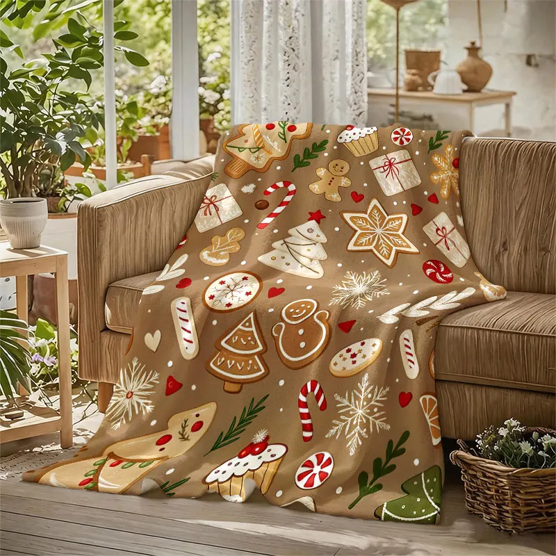 Xmas Gingerbread Cookies Flannel Blanket Warm Soft Halloween Christmas Decorative Couch Warm Cozy All-Season Gift