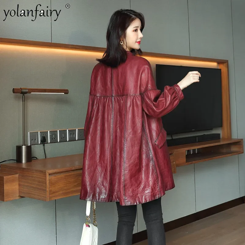 2023 High-End-Echt lederjacke Frauen reines Schaffell koreanischer mittellanger Umhang Rundhals ausschnitt lose Natur leder Kleidung weiblich