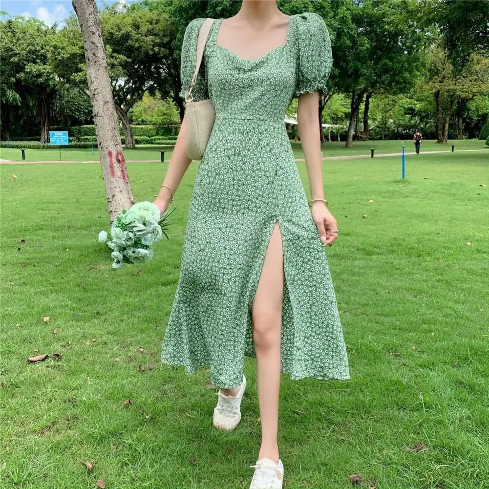 Women Summer Dress Bubble Sleeves High Split Loose Hem Square Neck Flower Print Dating Shirring Tight Waist Women Midi Dress Fem