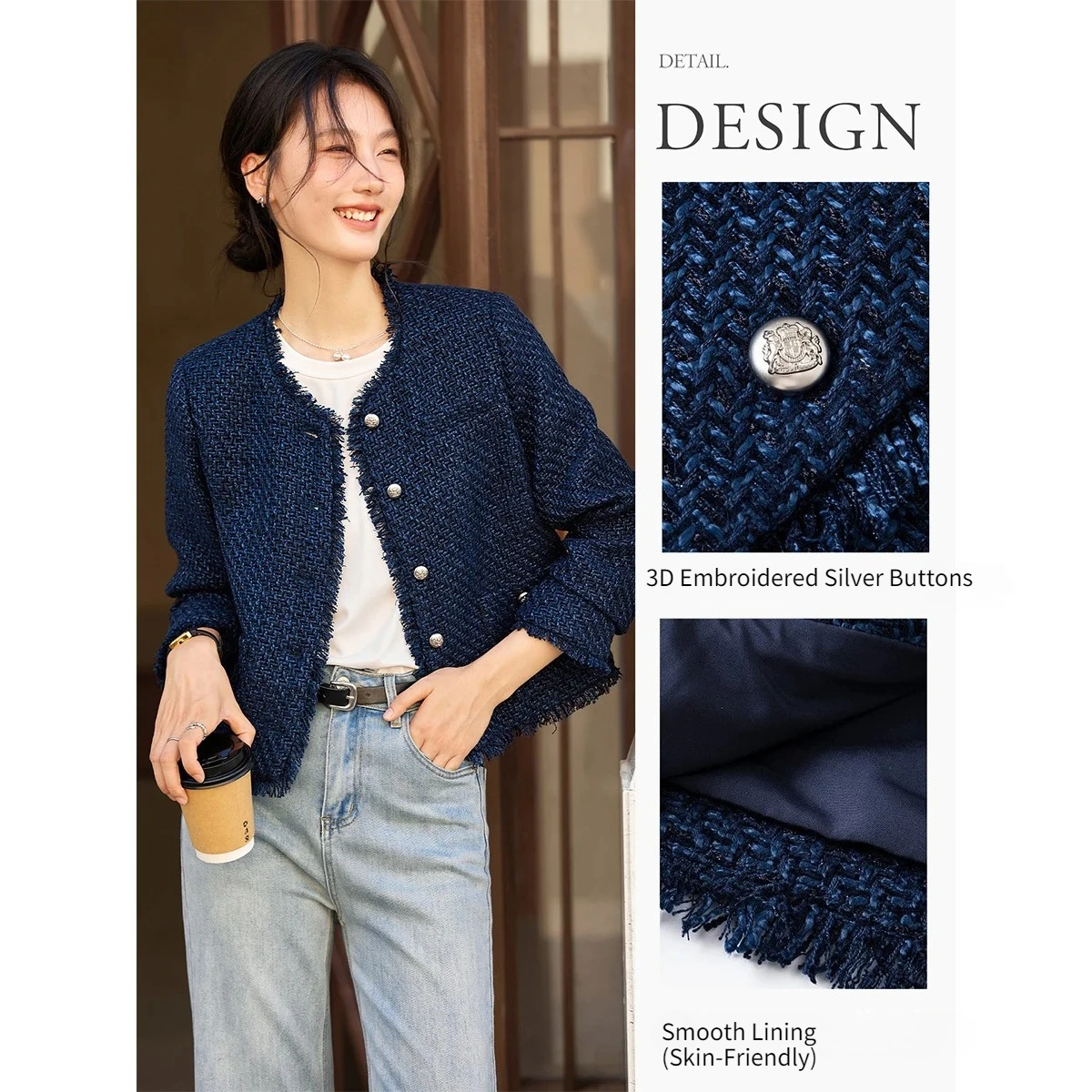 VIMLY Francese Elegante Giacca di Tweed Donna 2025 Autunno Nuovo O-Collo Cappotti Corti Solido Monopetto Tasche Tuta Sportiva Femminile A2632