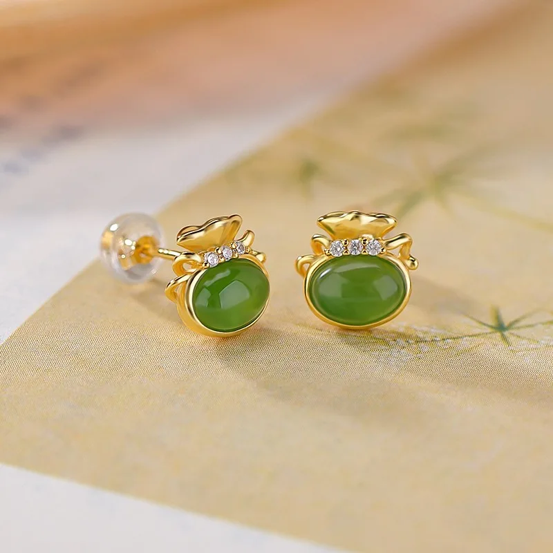 

TIMESWIND Natural Hetian Jade Green Oval Crown Zircon S925 Women Earring with Certificate