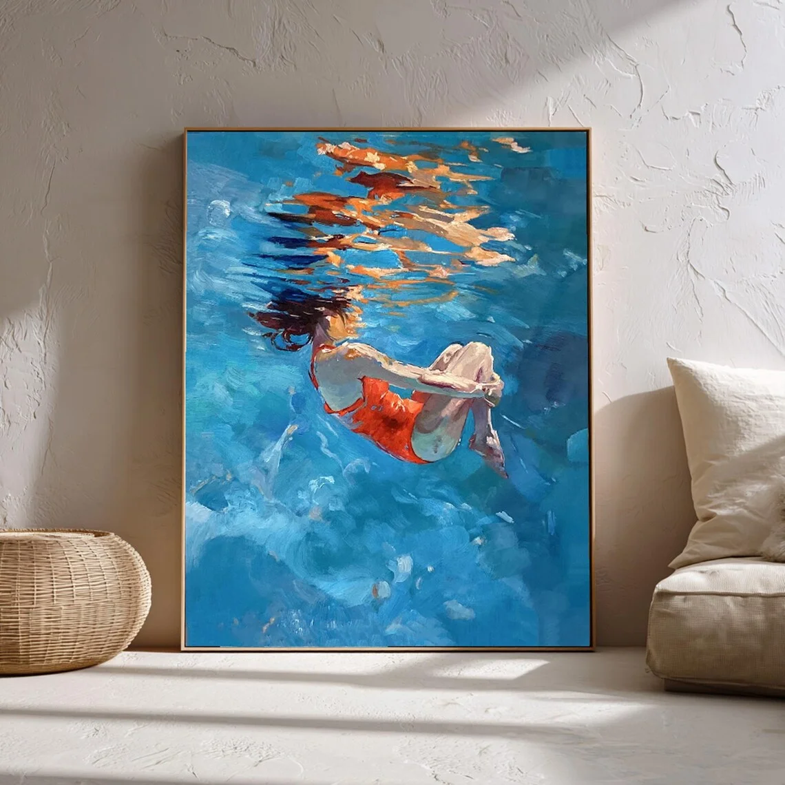 Art mural flottant sous-marin serein - Impressionniste rêveuse évoquant le calme et la légèreté des profondeurs. Le bleu frais