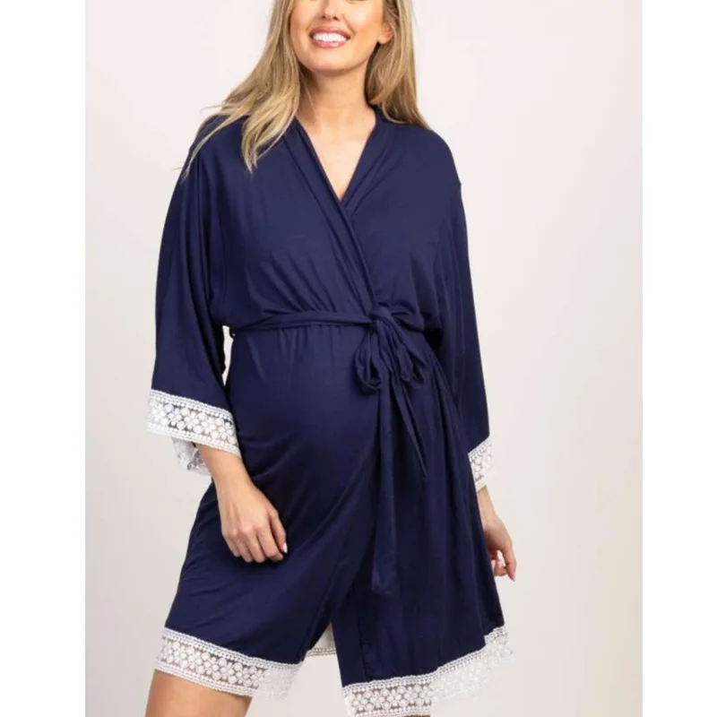 European and American Pure Color Maternity Dress Lace Stitching Three-Quarter Sleeves Lace Cardigan Nursing Pajamas DGH3