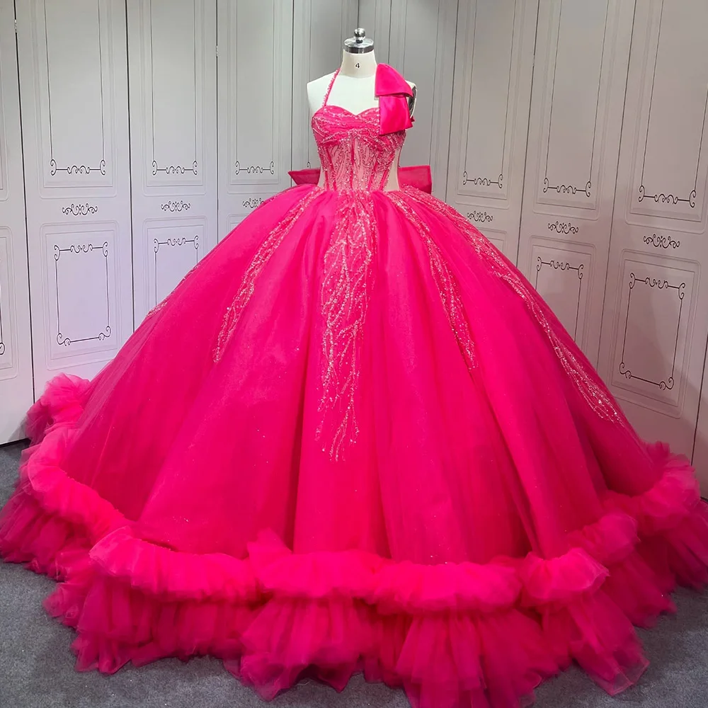 Pink Halter Quinceanera Dresses For 15 Party Princess Sleeveless Tulle Birthday Party Dress Robes vestido de 15 quinceañera
