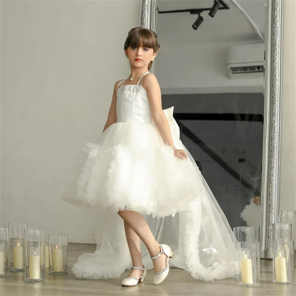 エレガンスアイボリーフラワーガールドレススパゲッティストラップノースリーブウェディングトレインパーティー初聖体ドレスカスタマイズ