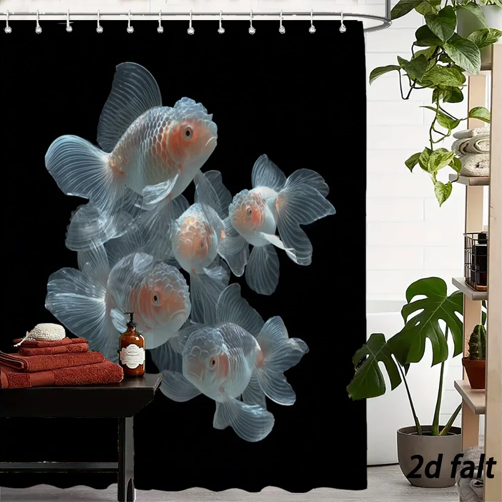 Goldfish Shower Curtain – 6 Translucent Oranda Fish, Black Background, 2D Flat, 12 Hooks, 70.8×70.8 in, Polyester,