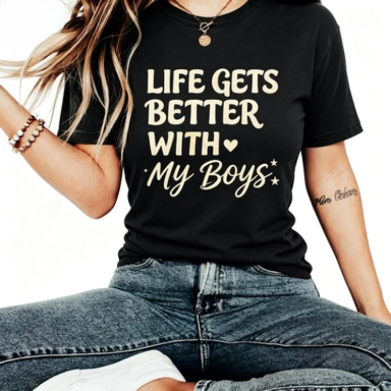 Life Is Better with My Boys T Shirt Mom of Boys Tshirt Mama Boy Shirts Fashion Women Short Sleeves Tops Mother's Day Gift
