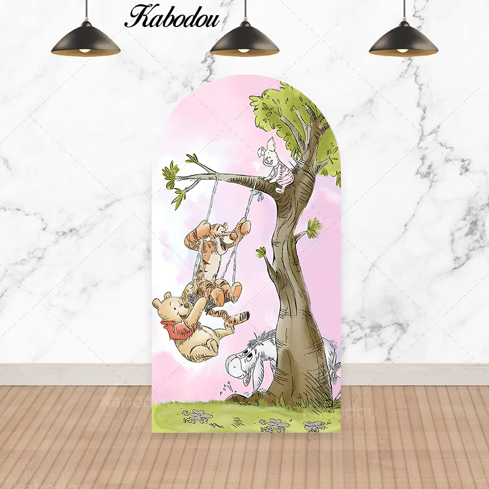 Winnie the Pooh Arco Sfondo Parete ad arco Festa di compleanno per bambini Simpatico sfondo fotografico a tema rosa Studio fotografici