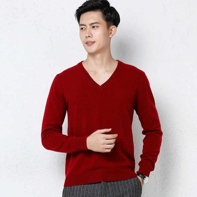 Men's Autumn Winter New Style Knit Sweater V Neck Pullover Undershirt Casual Business Loose Fashion Solid Color Long Sleeve