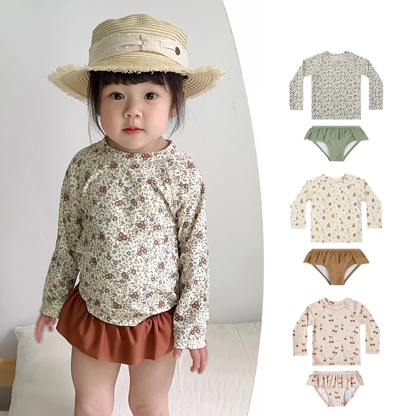 1-7T Flower Girls Swimwear Clothes Set Toddler Kid Summer Swimsuit Sun Protection Quick-dry Beach Holiday Outfit