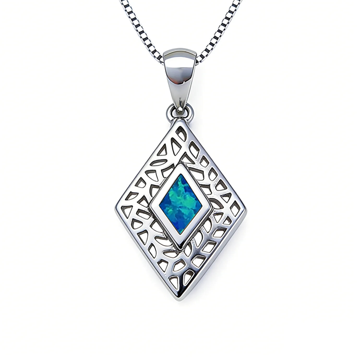 Geometric Opal Pendant Necklace,White K Plated Hollow-Out Frame with Blue Iridescent Opal,Dainty Modern Jewelry Gift for Women