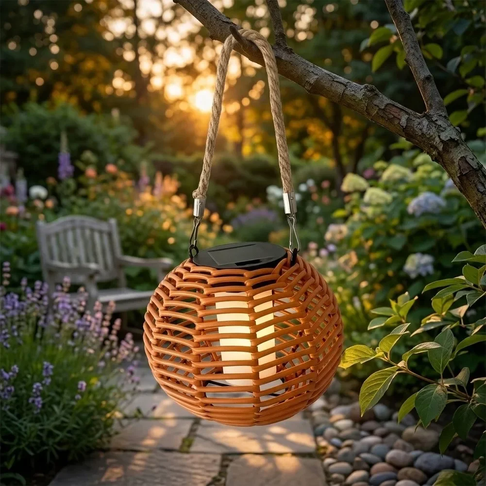 1pcs Retro Outdoor Warm Solar Red Woven Hanging Lantern Waterproof Light Decoration For Home Garden Yard Holiday