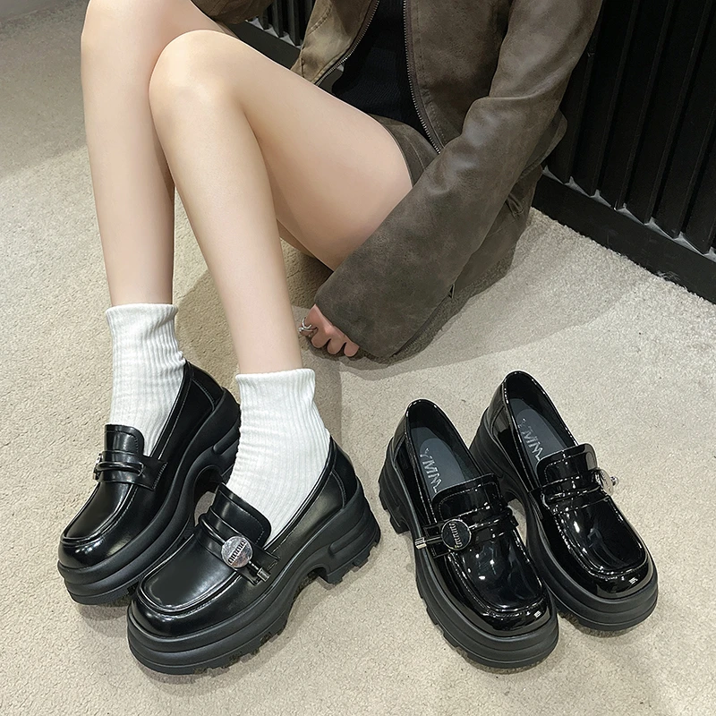 2024 Spring New Women's Leather Shoes Black Mary Jane Loafers British Style Fashion Metal Design Casual Shoes Party and Office