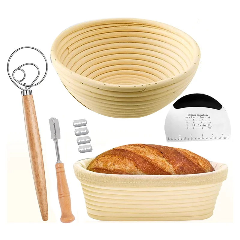 

Bread Proofing Basket 2 with Kit-Round and Ovel Bread Baking Bowl Tools -Bread Lame- Dough Scraper