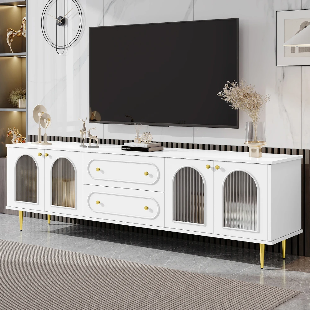 MLG Mueble para TV moderno de 78,7 pulgadas, cinco patas de metal y tiradores de metal, 2 cajones y 2 gabinetes con puertas de vidrio estriadas para salón