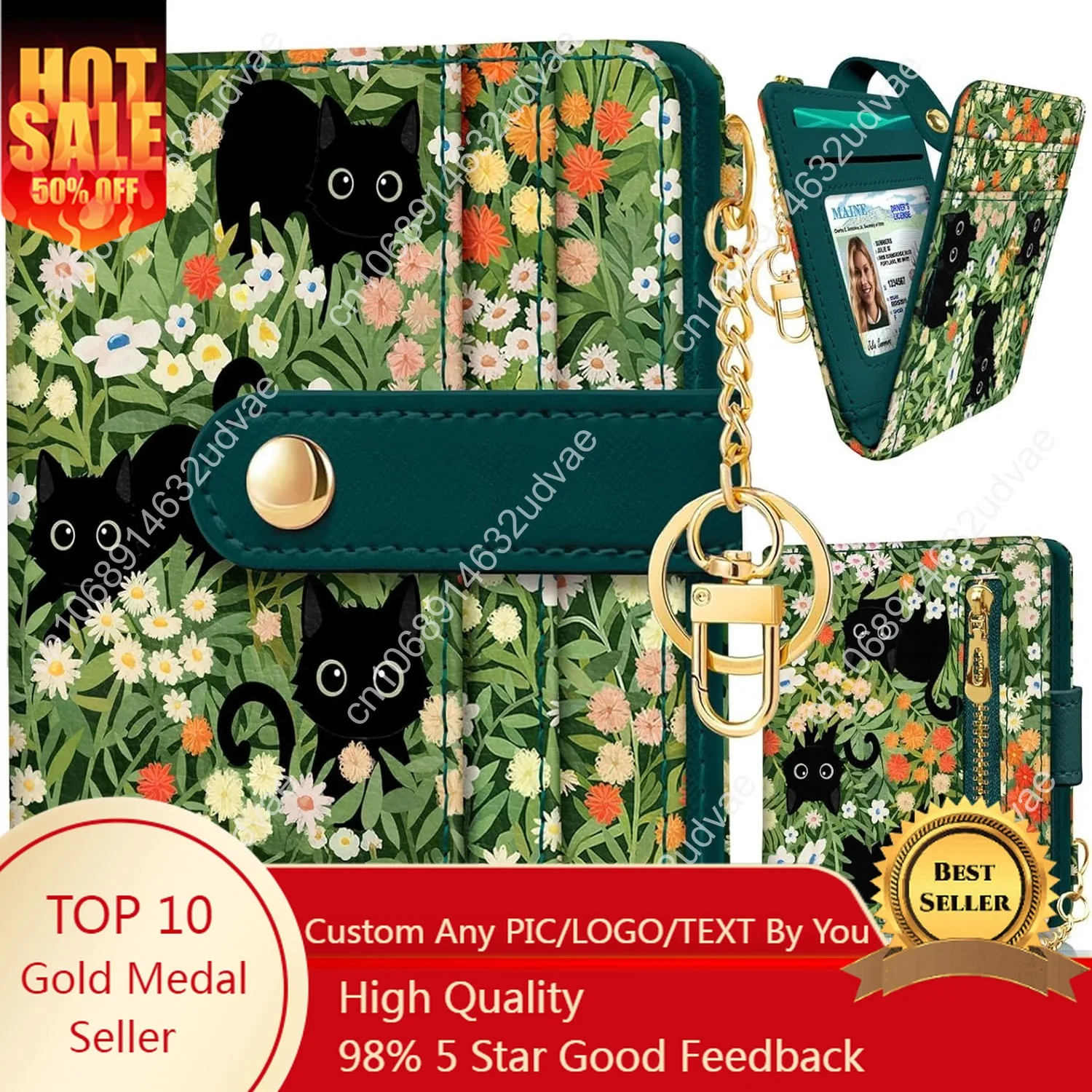 

Black Cat Floral Rfid Women Wallet, Small Slim Thin Credit Card Wallet, PU Leather Bifold Cash Zipper Coin Pocket ID Window for