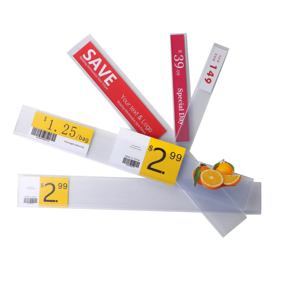100pcs Plastic PVC Shelf Data Strips Clip Holder Merchandise Price Talker Sign Label Display With Adhesive Tape On Back