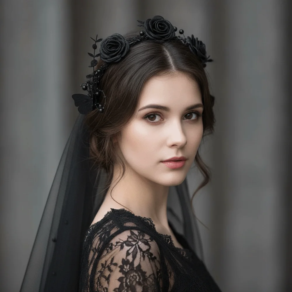 Retro Dark Rose Veil Headband Black Butterfly Beaded Mesh Hair Hoop Long Tulle Black Rose Cosplay Accessory Ladies