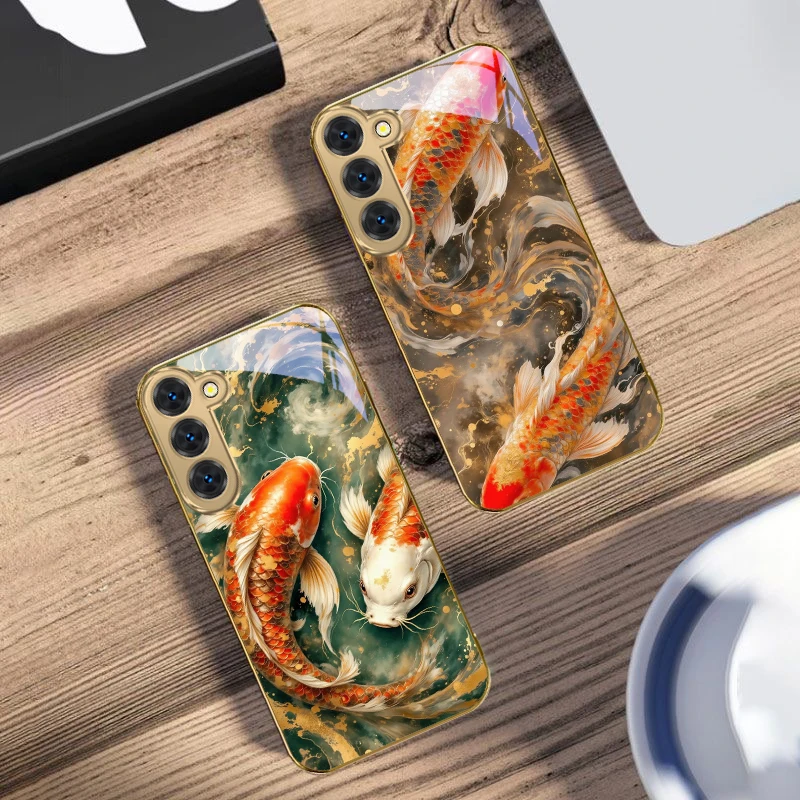 Lucky Orange Golden Koi For Samsung Galaxy S26 S20 FE S21 S22 S23 Plus S24 Ultra 25Ultra S21+ S9 S22 S8 Golden glass phone case