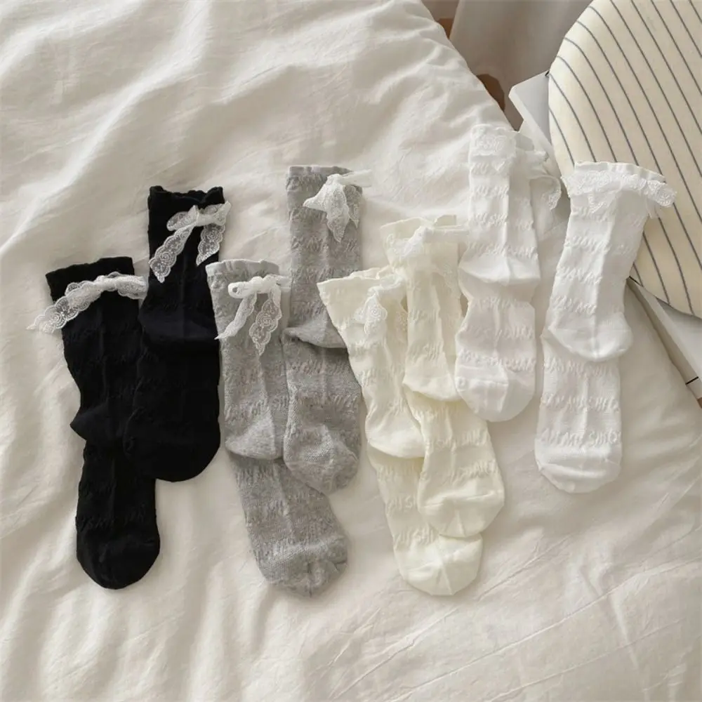 

3Pairs Fashion Ruffle Lace Bow Socks Ins Style Breathable Mid Tube Socks Thin Female Hosiery Sweet Socks Women Girl
