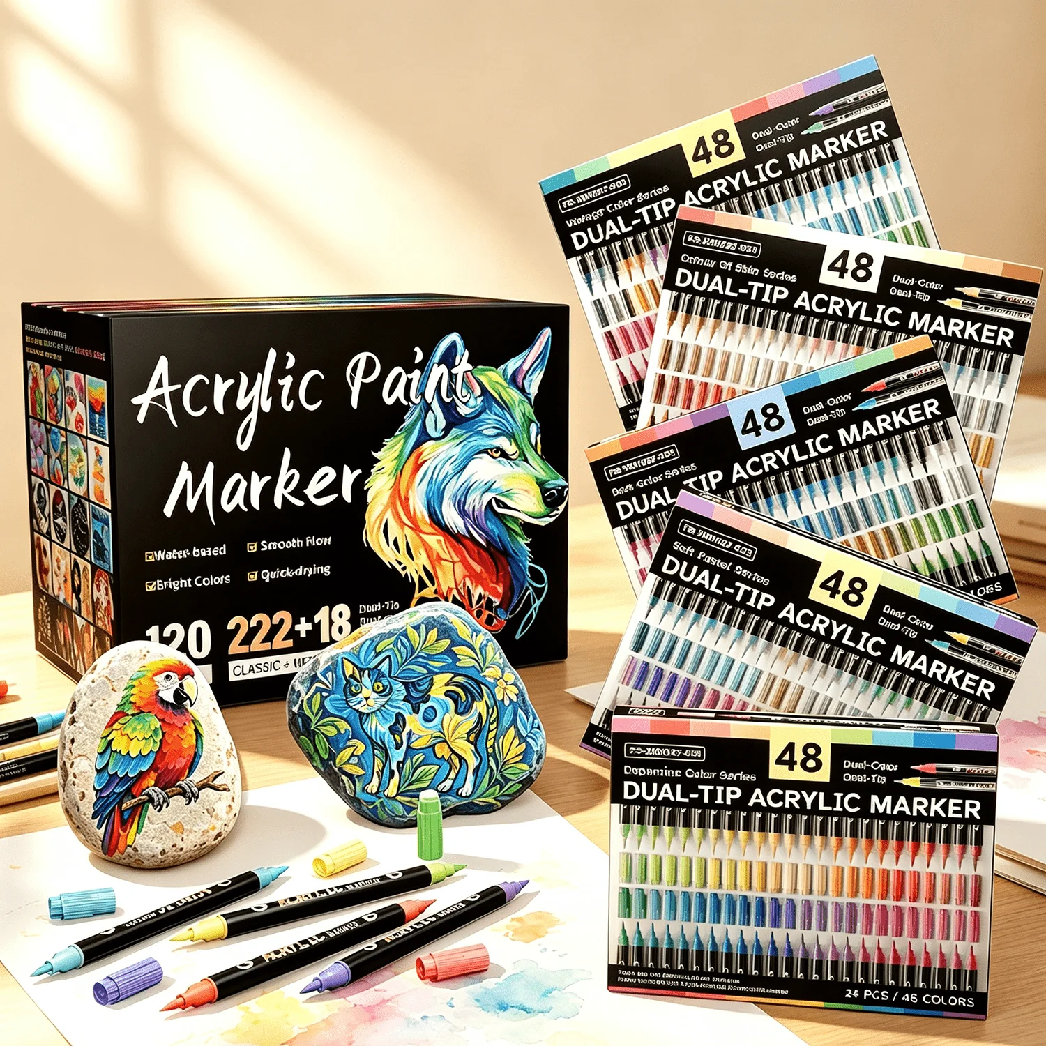 Multicolor Dual-Tip Water-Based Acrylic Paint Markers with Fine & Brush Tips, Direct Ink Flow Design, Quick-Drying and Non-Toxic