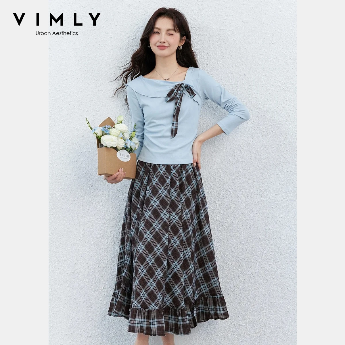 

VIMLY Skirt Sets for Women 2026 Spring New French Style Bow Design Plaid Skirts Two Piece Women Elegant Vacation Clothing 30685
