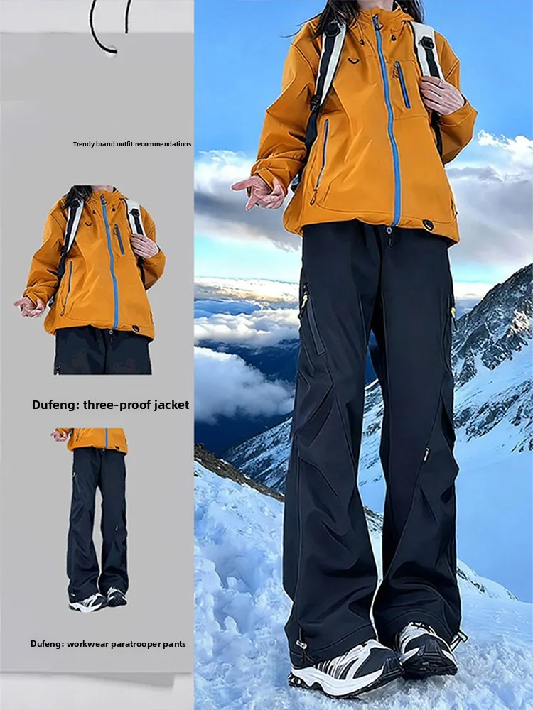 

ex Winter Outdoor Climbing Fce Lined Jaet And Pants Set Tee in One Hiking Suit Polyester Fiber Long Sve Long Pants