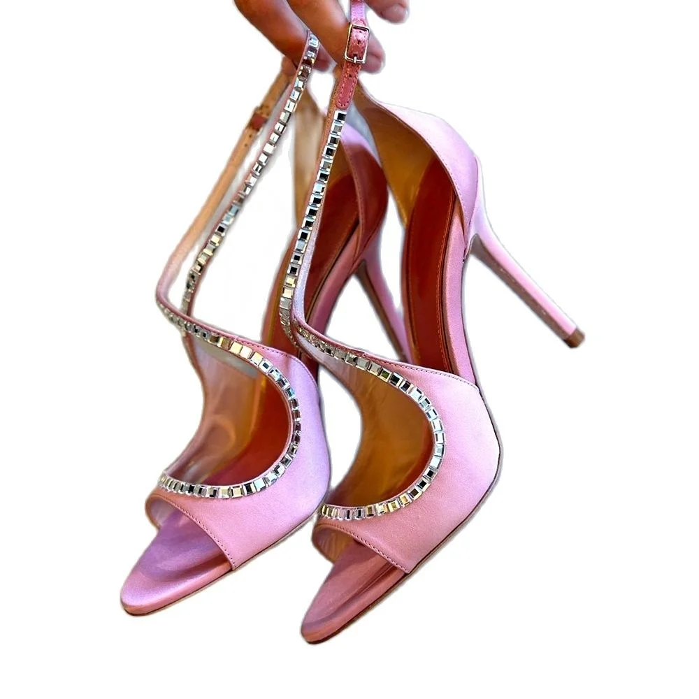 Crystal Cross Strap Satin Sandals High Heels Women Trends Dazzling Elegant Pink Shoes Ladies Luxury Round Toe Cover Heel Sandals