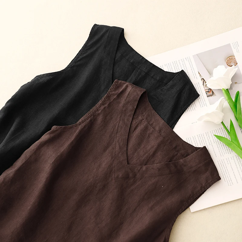 Loose Fit Kwaliteit Katoen Linnen V-Ne Vest Koffie Dunne ort Top Nieuwe Sle Artistieke Veelzijdige Straight Cut Zomer T-shirt