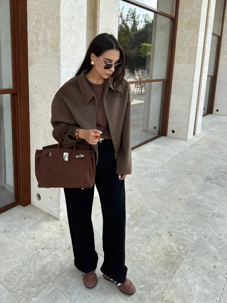 Women Fashion Brown Zipper Woolen Jacket Casual Lapel Long Sleeves Short Coats 2024 Autumn New Lady High Street Outwear