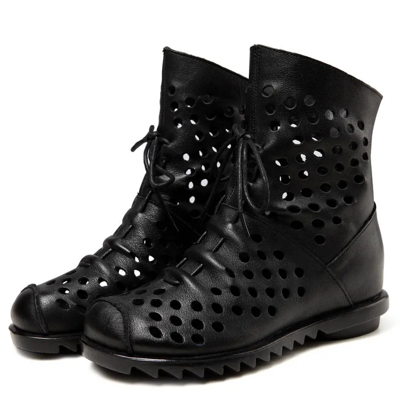 With a cowhide soft sole net boots summer ankle boots wedge heel hole boots casual new women's cold boots