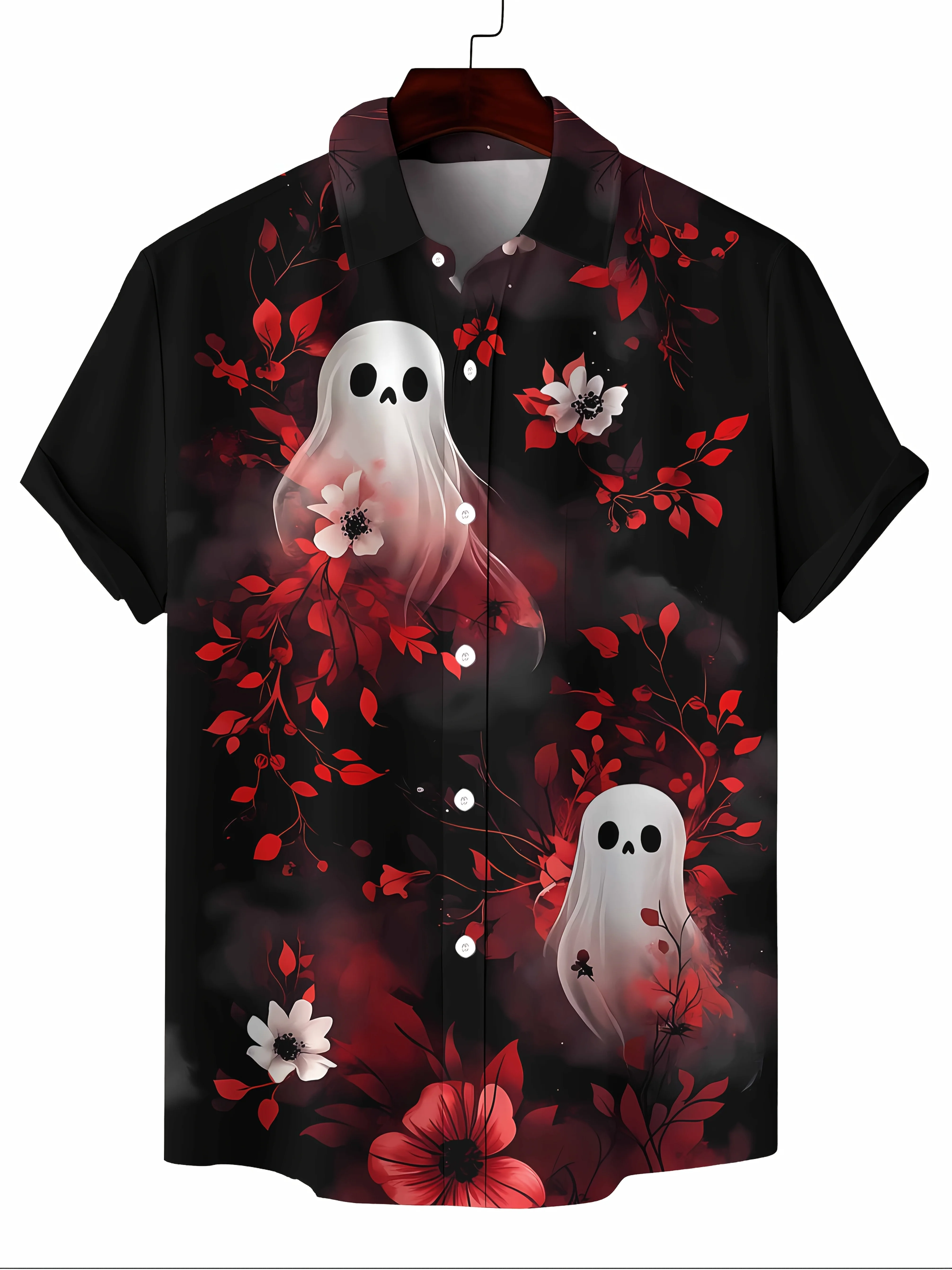 

Летняя праздничная одежда, повседневный вырез, стиль на пуговицах спереди, короткие рукава, приталенный стиль, гавайская рубашка на тему Хэллоуина