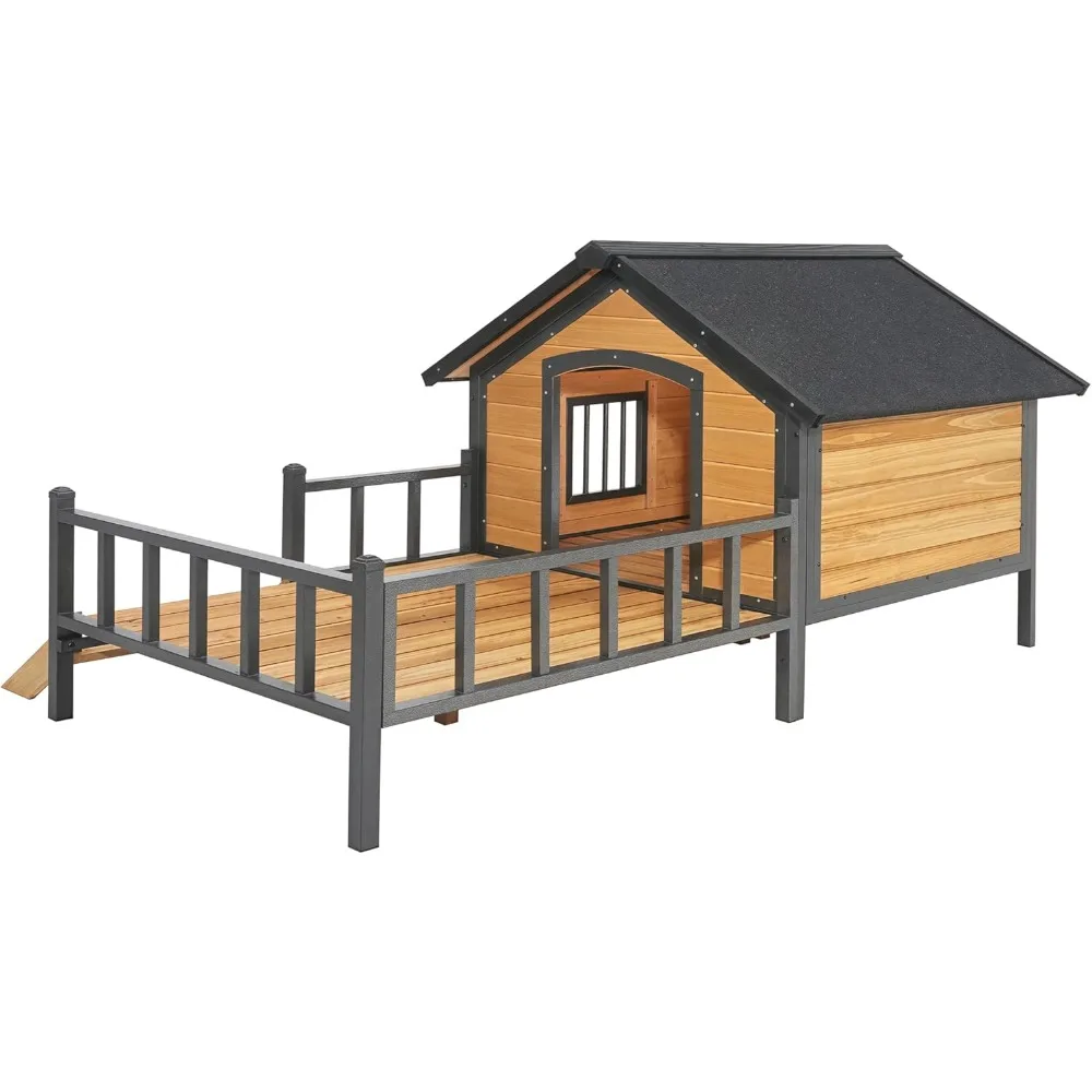 

Large Dog House Outdoor Weatherproof, Dog Houses with Elevated Floor and Porch,All-Around Iron Frame,Big Wooden Dog Houses for