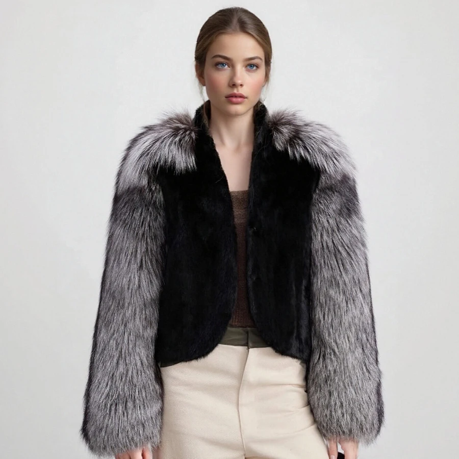 

Черный мех кролика рекса и шуба из серебряной лисы, женская шуба из натурального полного меха, меховая куртка высокого качества, маленькая куртка из натурального меха
